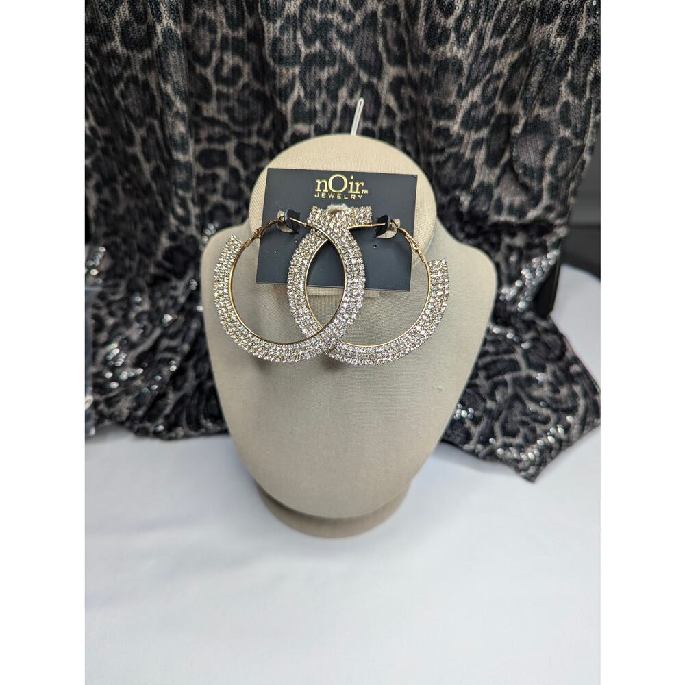 nOir Round Gold Rhinestone Hoop Earrings Sparkling Statement Hoops - Picture 3 of 5